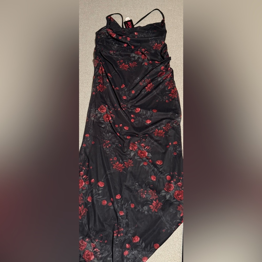 Black Floral Rose Dress mesh overlay 12  XL NWT
